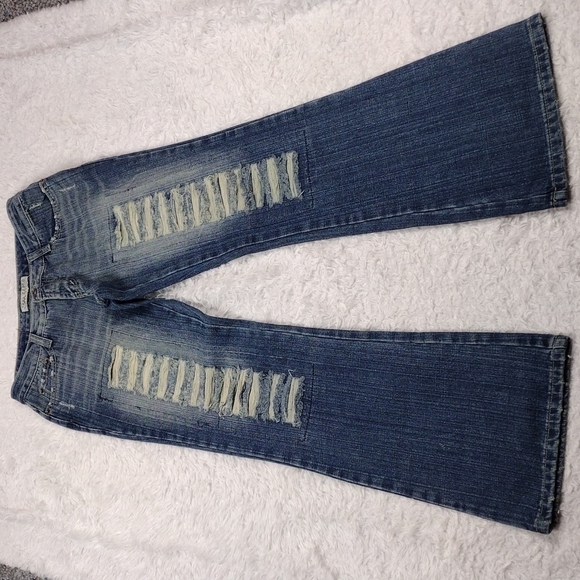 Sama Jean Blue Whiskering Medium Wash Mid Rise Distressed Wide Leg Denim Jean - Picture 2 of 16